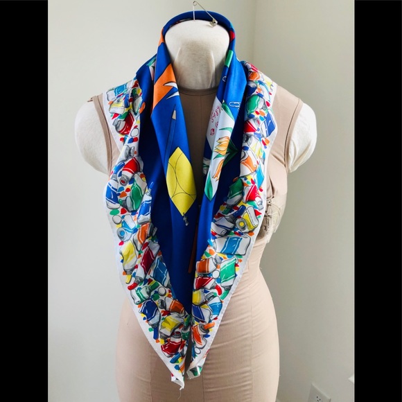 VTG 70’s Perry Ellis silk scarf painter theme print Royal blue & primary colors